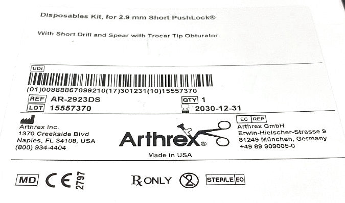 AR-2923DS - ARTHREX - DISPOSABLES KIT FOR 2.9MM SHORT PUSHLOCK, (BX/1)