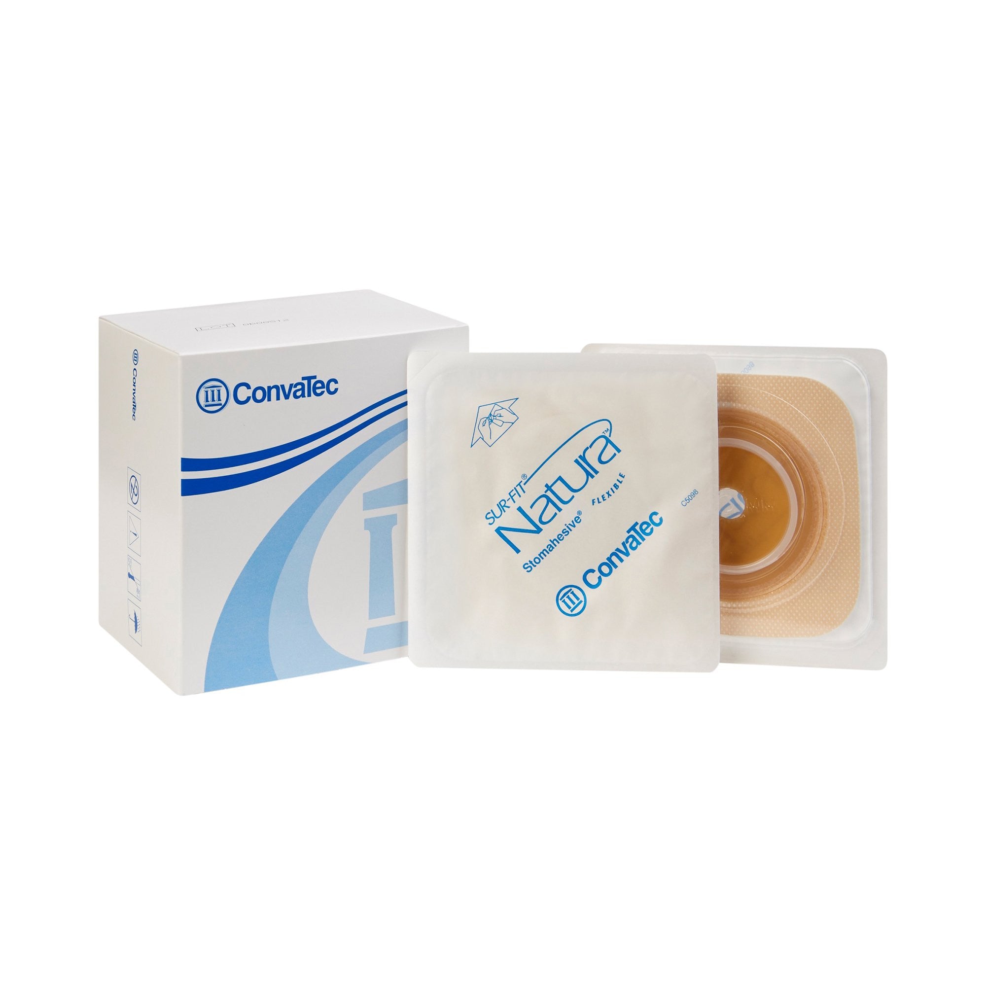 325401 - Sur-Fit Natura - Ostomy Barrier Sur-Fit Natura Trim to Fit, Standard Wear Stomahesive Tan Tape 45 mm Flange Sur-Fit Natura System Hydrocolloid Up to 1 to 1-1/4 Inch Opening 4 x 4 Inch 125264 Box of 10, (BX)