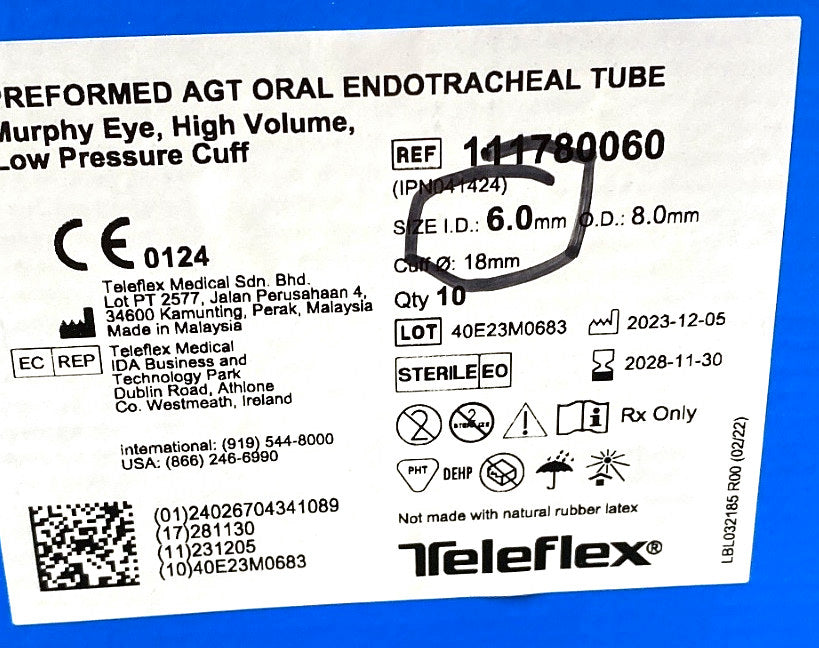 111780060 - TELEFLEX - PREFORMED AGT ORAL ENDOTRACHEAL TUBE - MURPHY EYE, HIGH VOLUME, LOW PRESSURE CUFF - STERILE PACK, (BX/10)