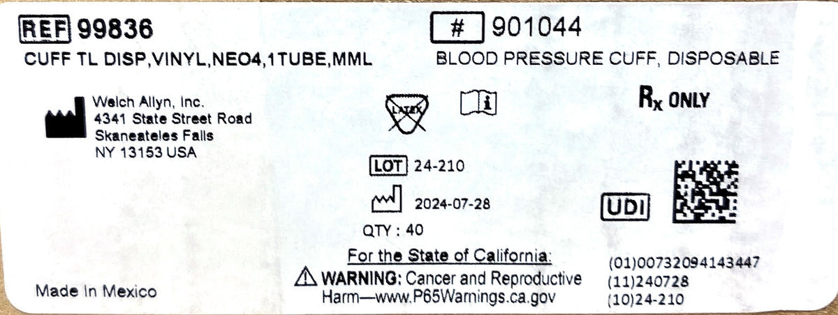 99836 - WELCH ALLYN - CUFF TL DISP VINYL NEO4 1TUBE MML, (BX/40)