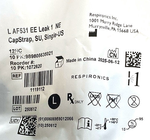 1119112 - RESPIRONICS - AF531 MASK with Entrainment Elbow, Leak 1, Nebulizing Elbow, CapStrap, Single Use, USA, Large, (EA/30)