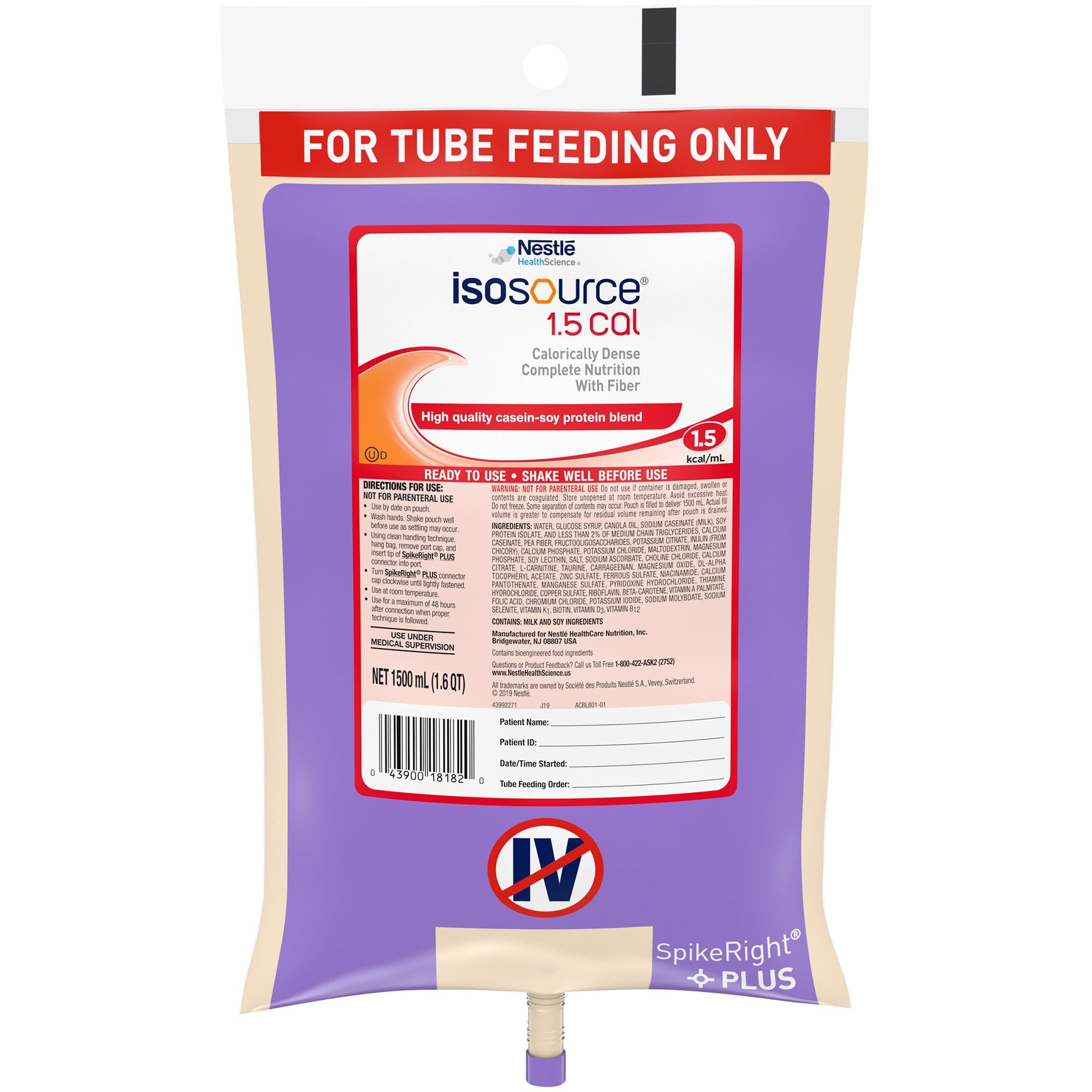 804538 - Isosource - Isosource 1.5 Cal Tube Feeding Formula Unflavored Liquid 1500 mL Ready to Hang Prefilled Container Pack of 1, (EA)