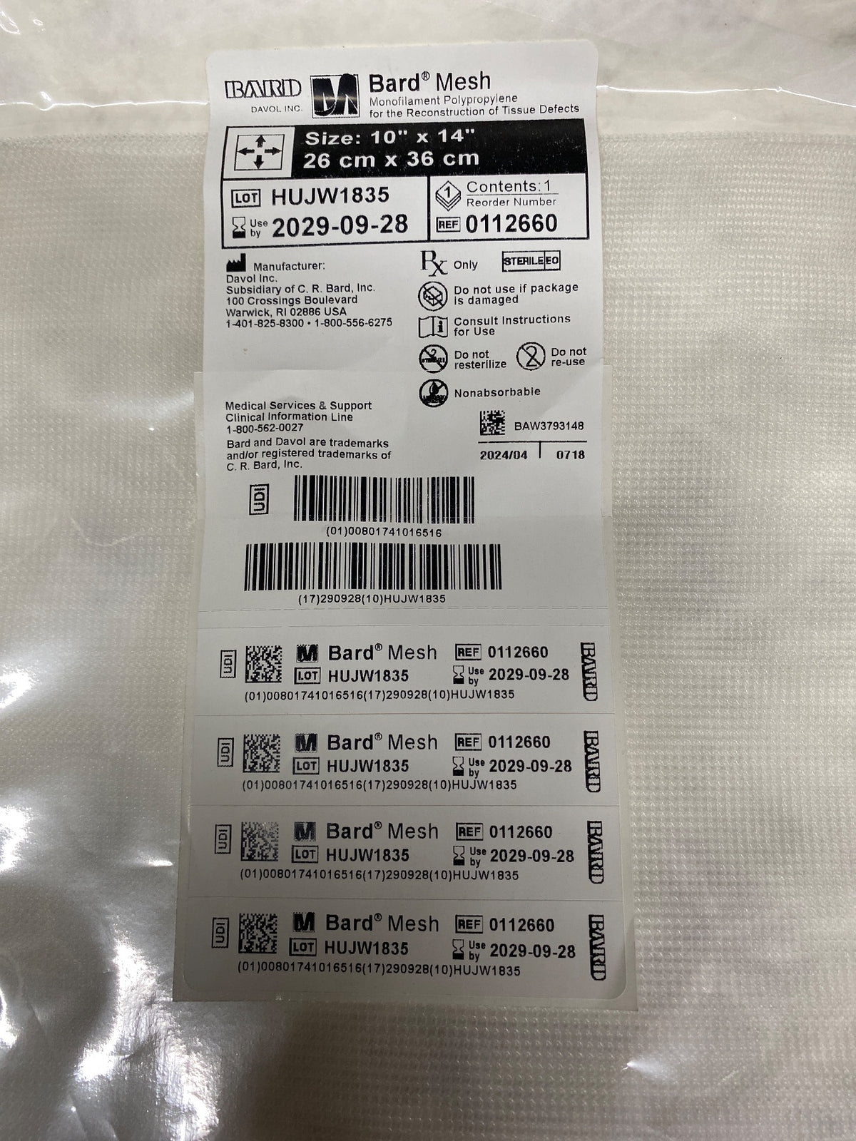 112660 - DAVOL - Davol Monofilament Polypropylene Mesh for Reconstruction, (EA/1)