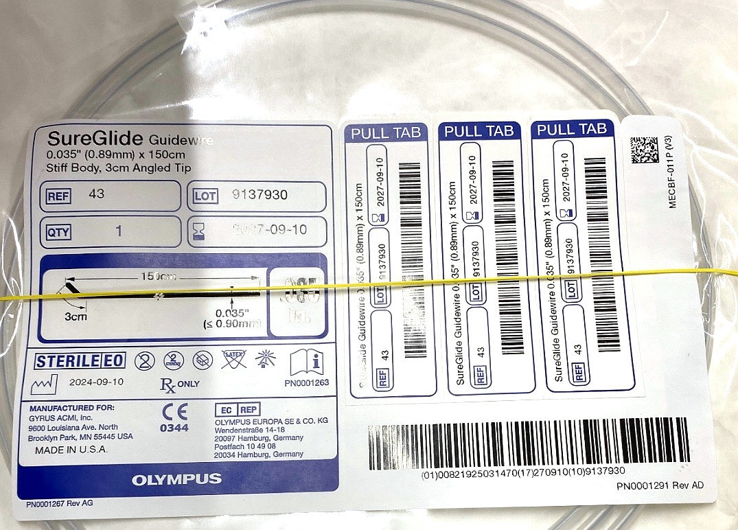 43 - OLYMPUS - SUREGLIDE Guidewire 0.035" (0.89mm) x 150cm Stiff Body, 3cm Angled Tip, (EA/1)