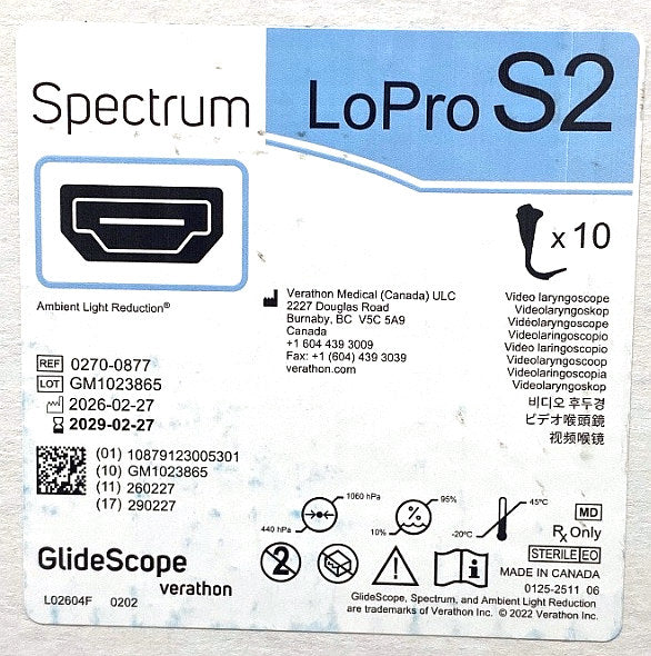 0270-0877 - VERATHON MEDICAL - GlideScope® Spectrum™ LoPro S2, (BX/10)