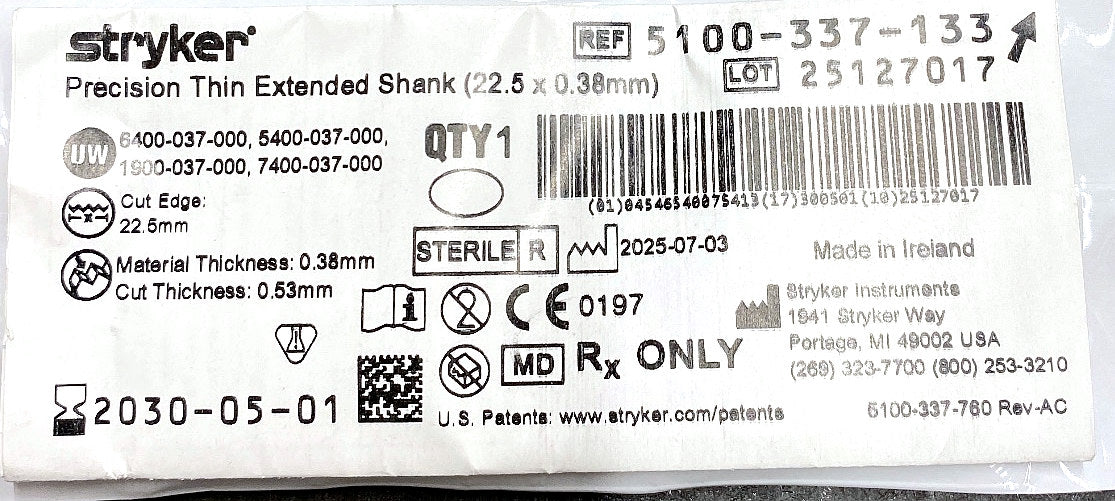 5100-337-133 - STRYKER - Precision Thin Extended Shank (22.5 x 0.38mm), (EA/1)
