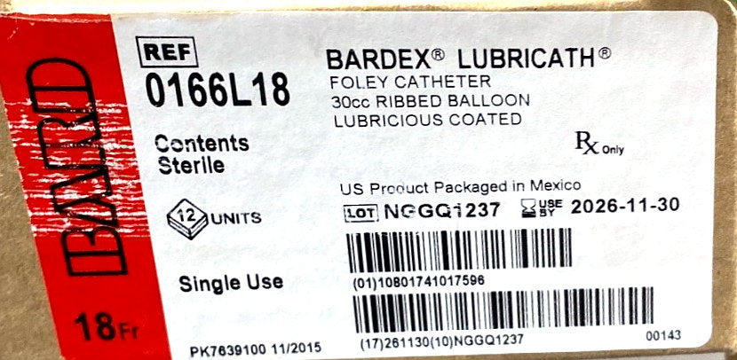 0166L18 - BARD - Bardex® Lubricath® Foley Catheter 30cc Balloon Lubricious Coated, (BX/12)