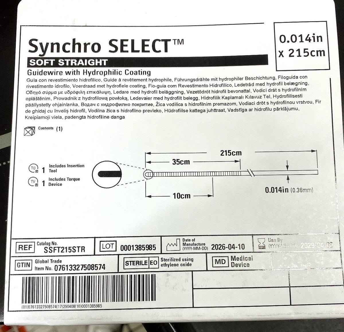 SSFT215STR - STRYKER - SOFT STRAIGHT Guidewire with Hydrophilic Coating, (BX/1)