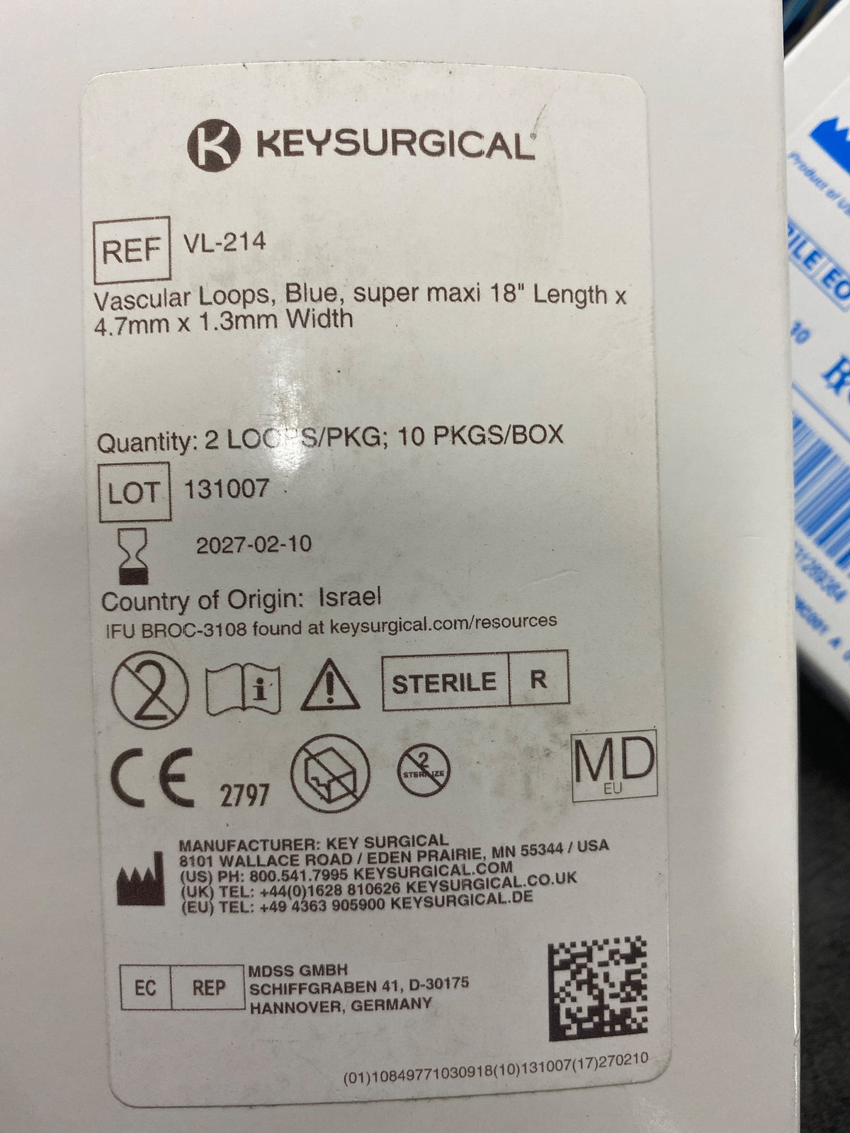 VL214 - KEY SURGICAL - Vascular Loops, Sterile, Blue, Super Maxi, 18-inch long, 2 per package, (BX/10)