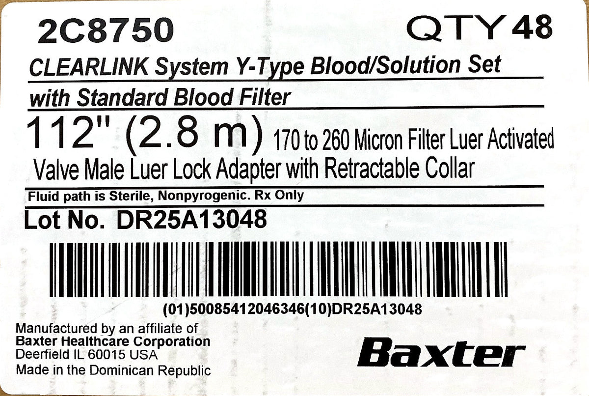 2C8750 - BAXTER - Y-Type Blood/Solution Set with Standard Blood Filter, 170 to 260 Micron Filter, Luer Activated Valve, Male Luer Lock Adapter with Retractable Collar, (BX/48)