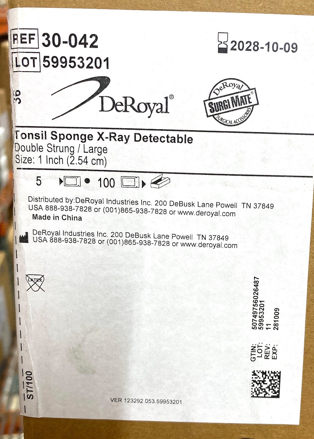 30-042 - DEROYAL - Tonsil Sponge X-Ray Detectable, (CS/100)