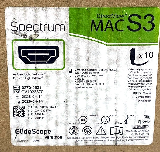 0270-0932 - VERATHON MEDICAL - GlideScope® Spectrum™ DirectView™ MAC S3, (BX/10)