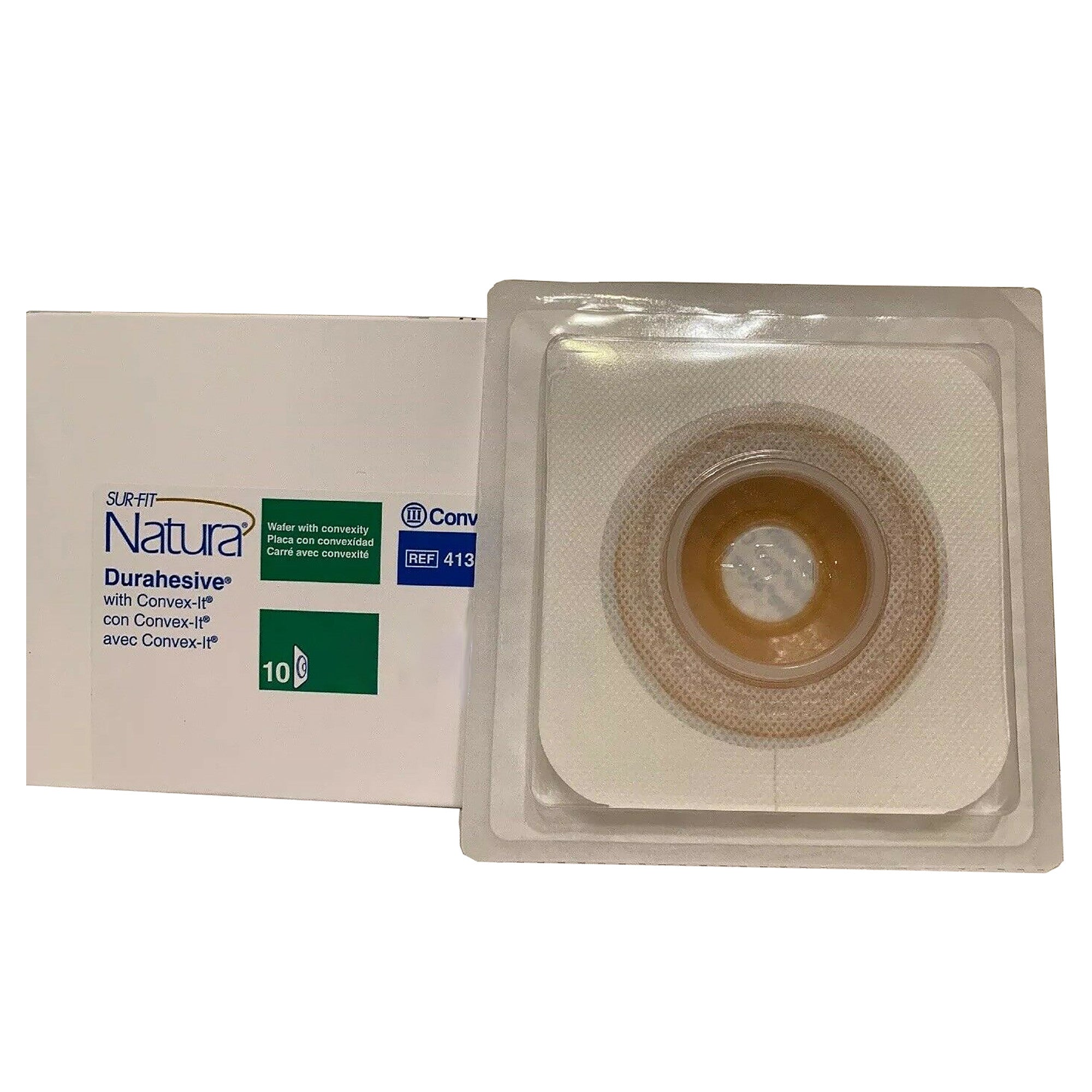 466132 - Sur-Fit Natura - Ostomy Barrier Sur-Fit Natura Precut, Extended Wear Durahesive White Tape 45 mm Flange Sur-Fit Natura System Hydrocolloid 7/8 Inch Opening 4-1/2 x 4-1/2 Inch 413180 Box of 10, (BX)