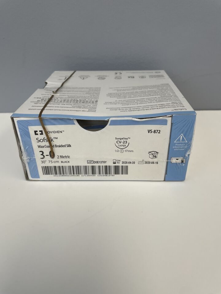 VS-872 - COVIDIEN - Sutura de seda trenzada recubierta de cera Sofsilk (caja de 36) - (Fecha de caducidad: 30/04/2025)