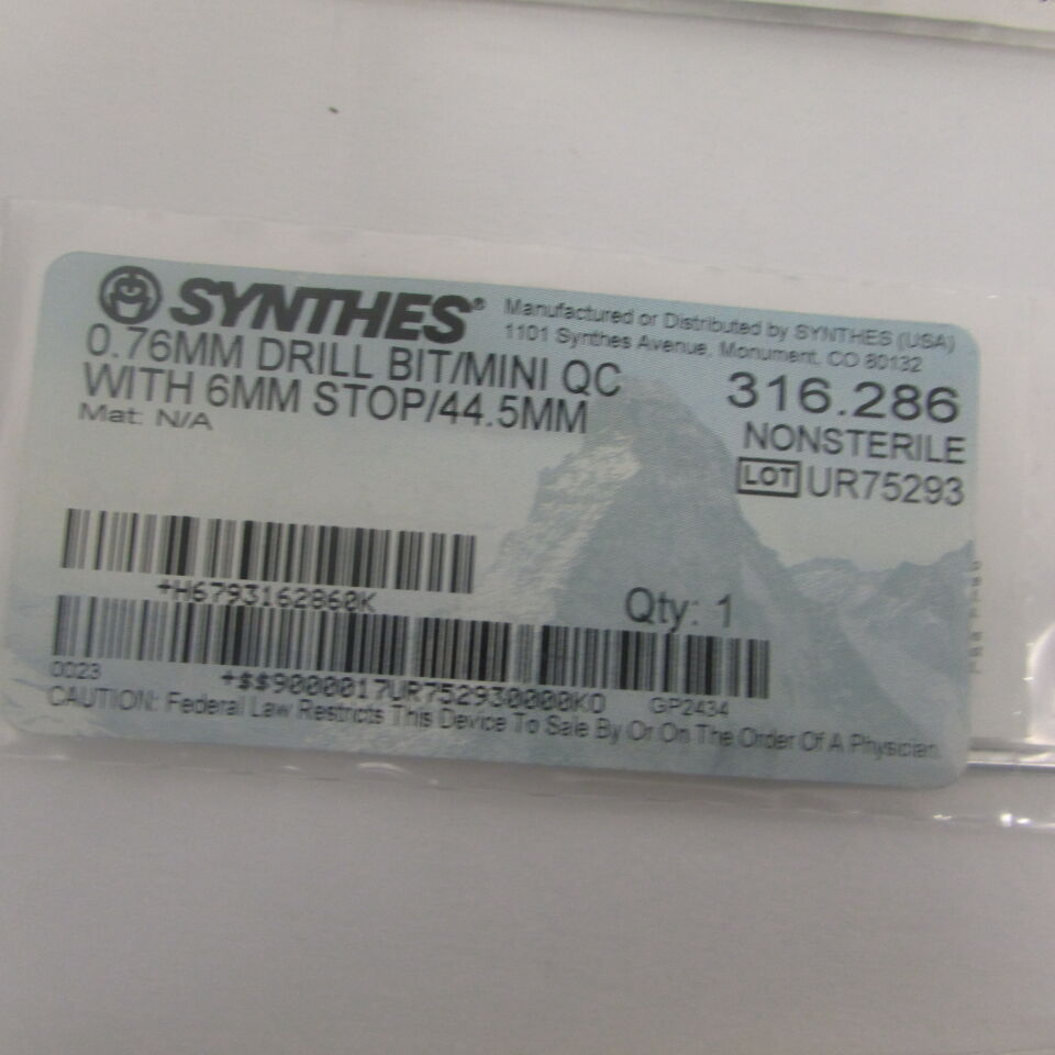 316.286 - SYNTHES - 0.76mm drill bit/mini qc with 6mm stop/44.5mm, () - ( Expiry Date: EACH )