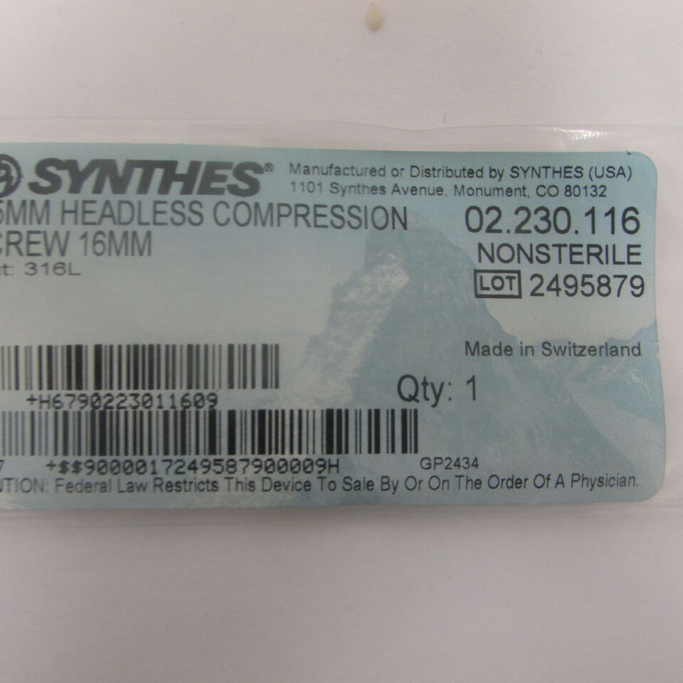 02.230.116 - SYNTHES - 1.5mm headless compression screw 16mm, () - ( Expiry Date: EACH )