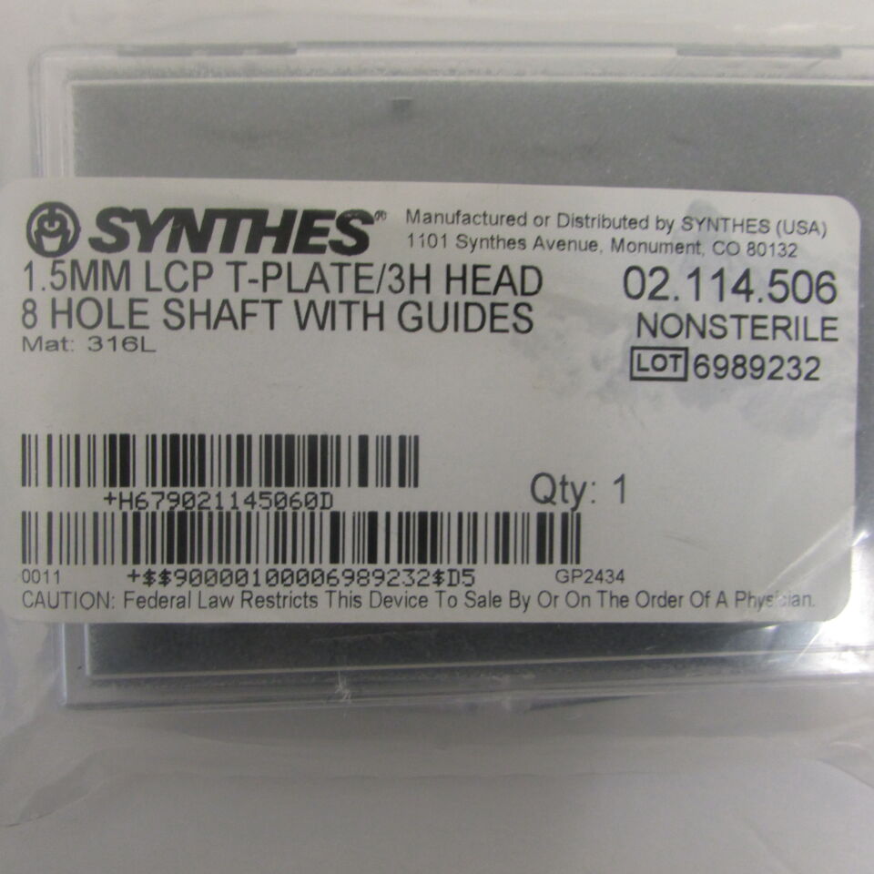 02.114.506 - SYNTHES - 1.5mm lcp t-plate/3h head 8 hole shaft with guides , () - ( Expiry Date: EACH )