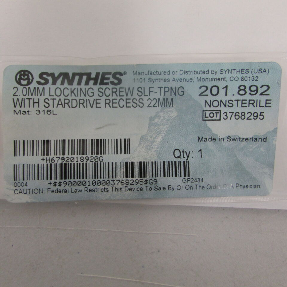 201.892 - SYNTHES - 2.0mm locking screw slf-tpng with stardrive recess 22mm, () - ( Expiry Date: EACH )