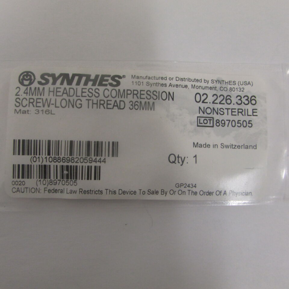 02.226.336 - SYNTHES - 2.4mm headless compression screw-long thread 36mm, () - ( Expiry Date: EACH )