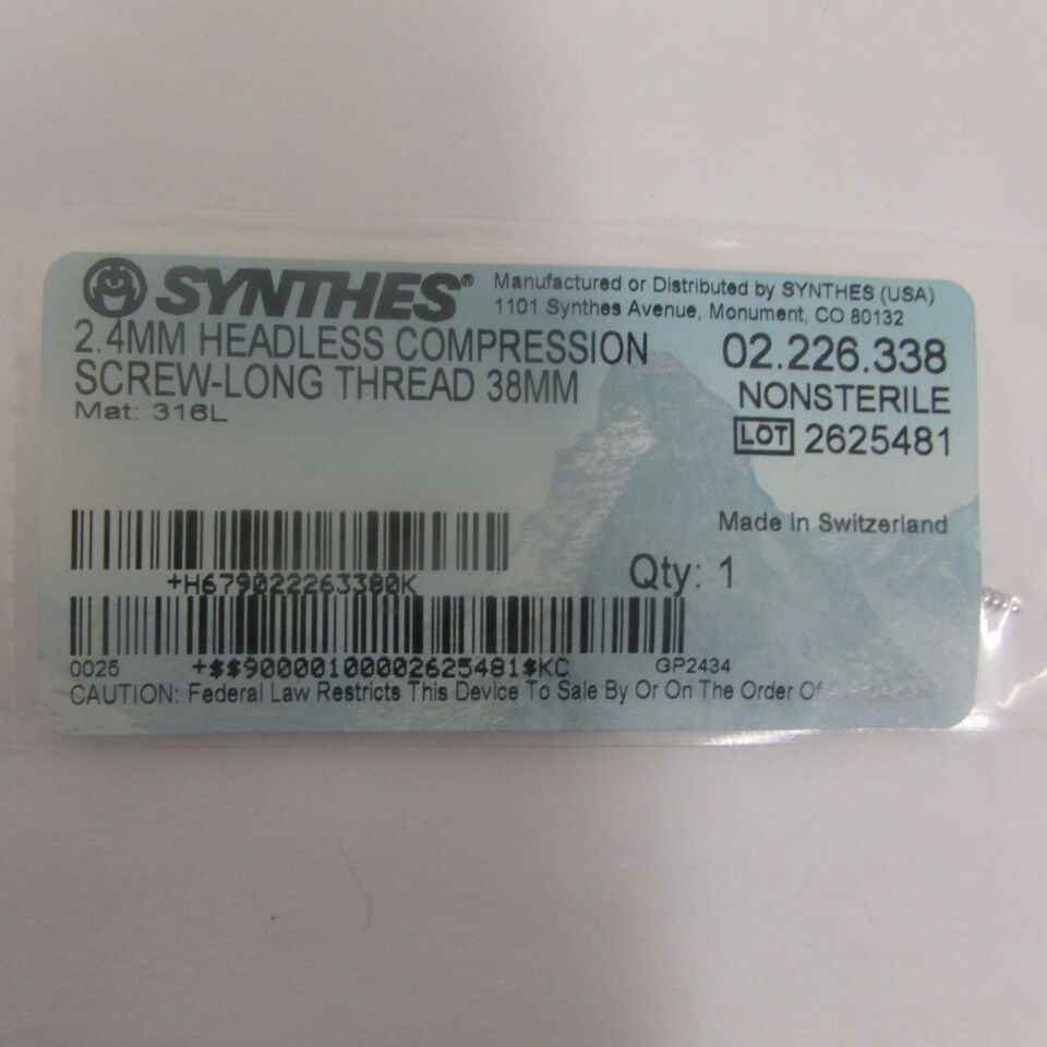 02.226.338 - SYNTHES - 2.4mm headless compression screw-long thread 38mm, () - ( Expiry Date: EACH )