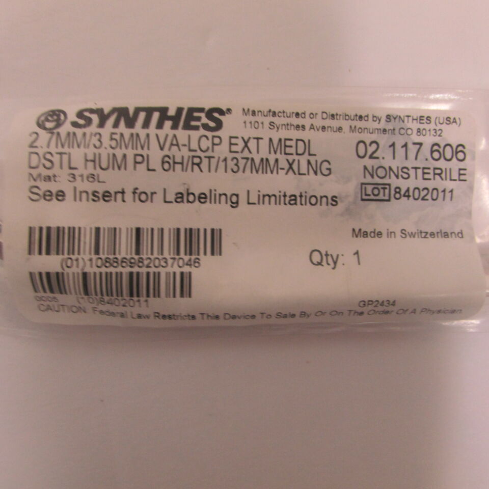 02.117.606 - SYNTHES - 2.7mm/3.5mm va-lcp ext medl dstl hum pl 6h/rt/137mm-xlng, () - ( Expiry Date: EACH )