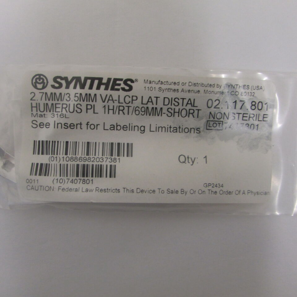 02.117.801 - SYNTHES - 2.7mm/3.5mm va-lcp lat distal humerus pl 1h/rt/69mm-short, () - ( Expiry Date: EACH )