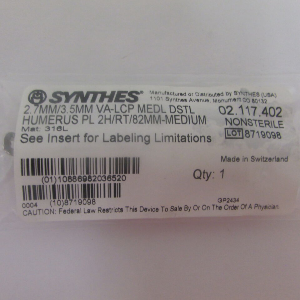 02.117.402 - SYNTHES - 2.7mm/3.5mm va-lcp medl dstl humerus pl 2h/rt/82mm-medium, () - ( Expiry Date: EACH )
