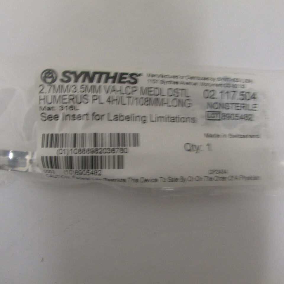02.117.504 - SYNTHES - 2.7mm/3.5mm va-lcp medl dstl humerus pl 4h/lt/108mm-long, () - ( Expiry Date: EACH )