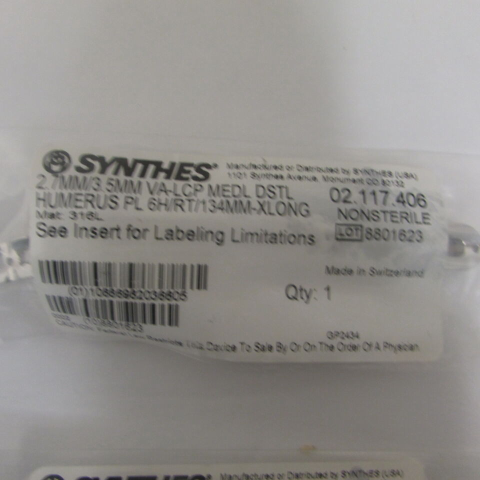 02.117.406 - SYNTHES - 2.7mm/3.5mm va-lcp medl dstl humerus pl 6h/rt/134mm-xlong, () - ( Expiry Date: EACH )