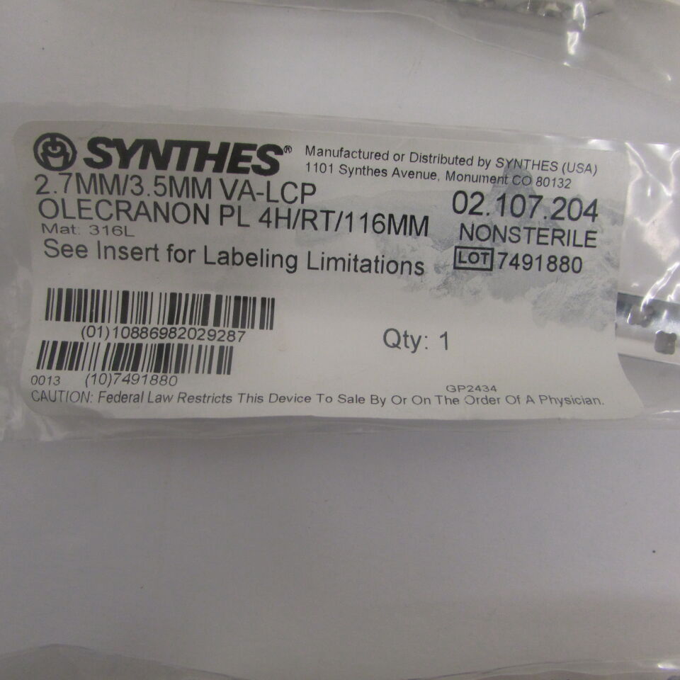 02.107.204 - SYNTHES - 2.7mm/3.5mm va-lcp olecranon pl 4h/rt/116mm, () - ( Expiry Date: EACH )