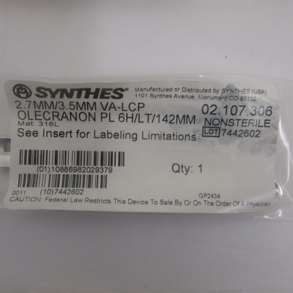 02.107.306 - SYNTHES - 2.7mm/3.5mm va-lcp olecranon pl 6h/lt/142mm, () - ( Expiry Date: EACH )