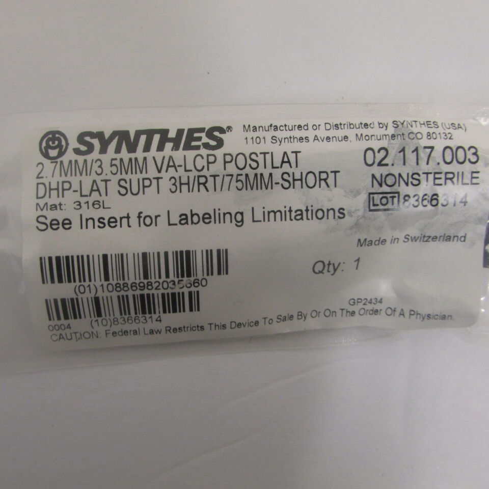 02.117.003 - SYNTHES - 2.7mm/3.5mm va-lcp postlat dhp-lat supt 3h/rt/75mm-short, () - ( Expiry Date: EACH )