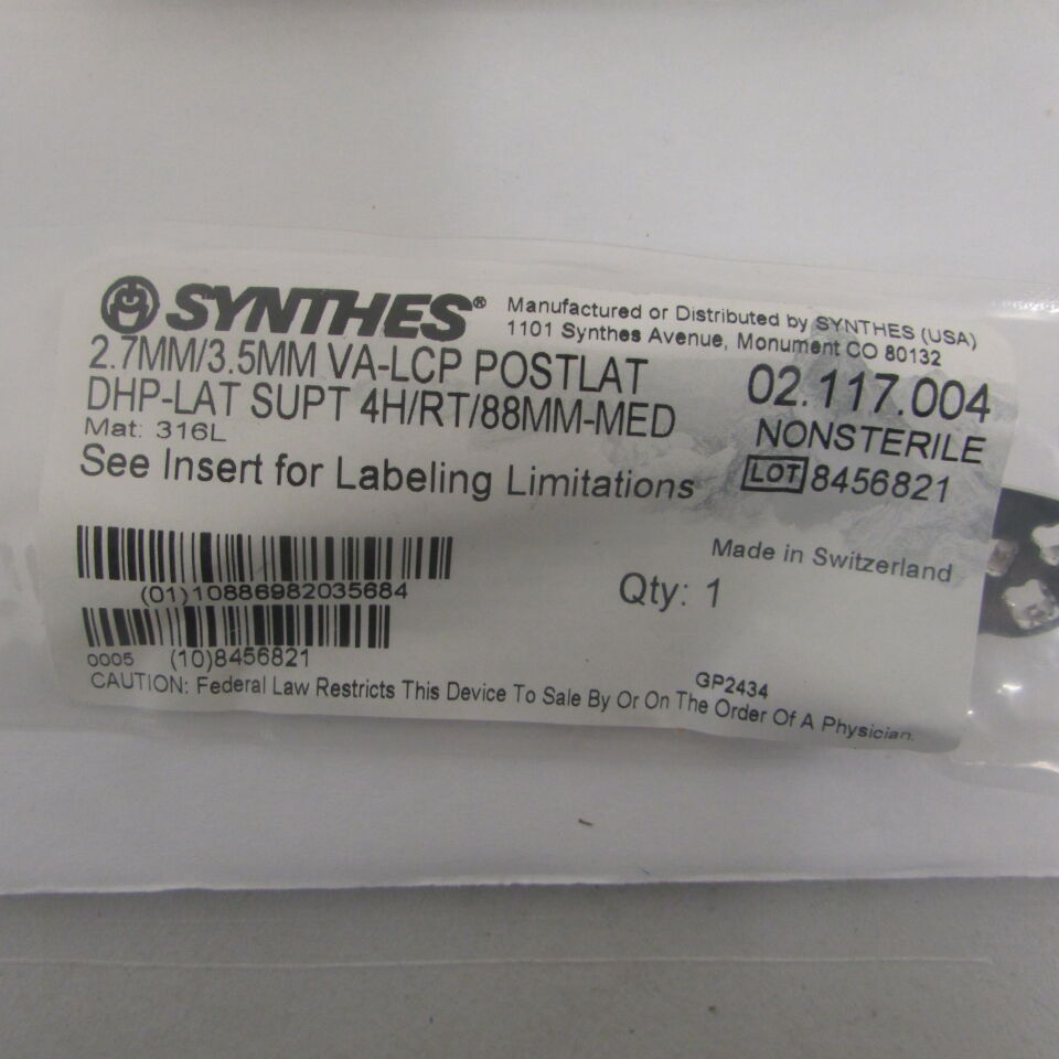 02.117.004 - SYNTHES - 2.7mm/3.5mm va-lcp postlat dhp-lat supt 4h/rt/88mm-med, () - ( Expiry Date: EACH )