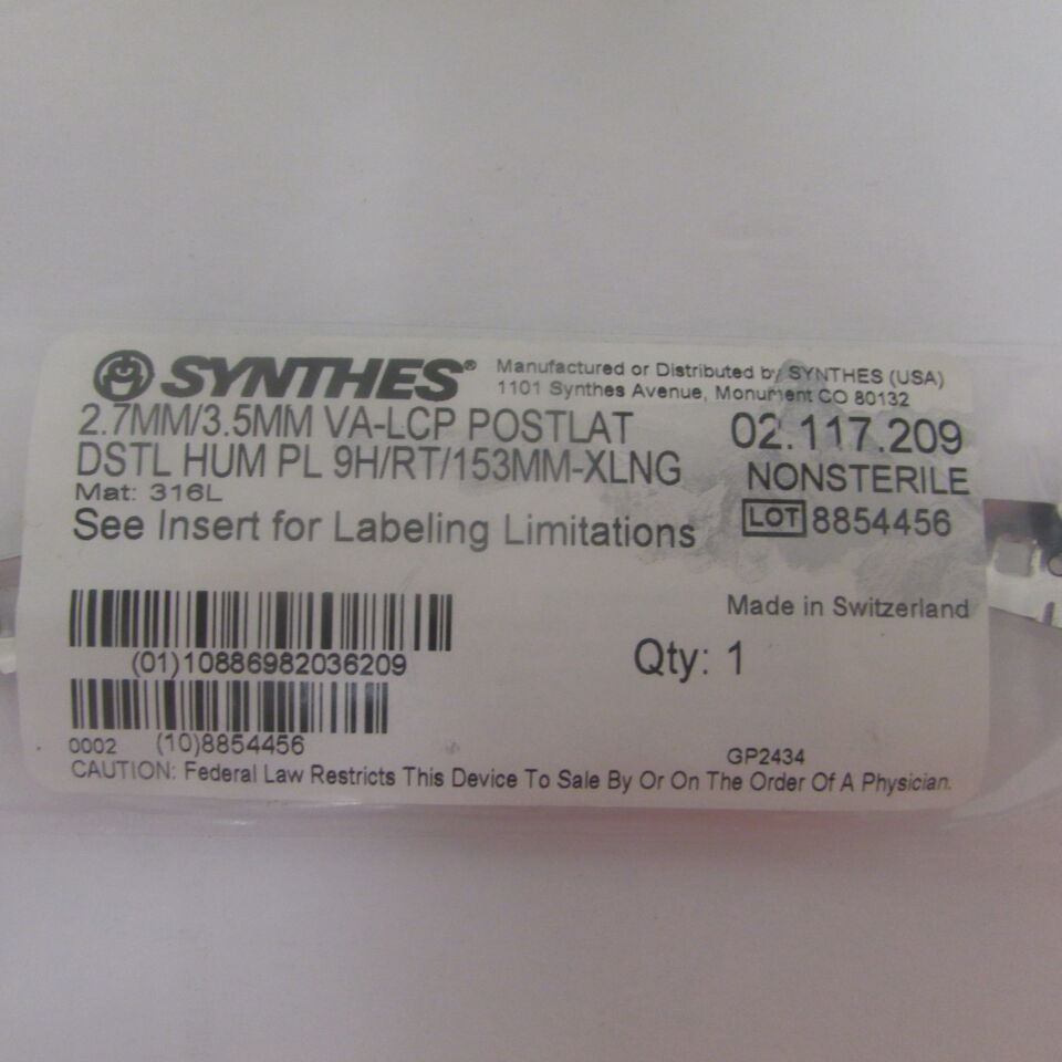 02.117.209 - SYNTHES - 2.7mm/3.5mm va-lcp postlat dstl hum pl 9h/rt/153mm-xlng, () - ( Expiry Date: EACH )
