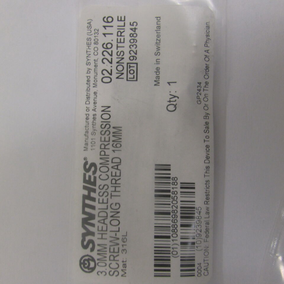 02.226.116 - SYNTHES - 3.0mm headless compression screw-long thread 16mm, () - ( Expiry Date: EACH )