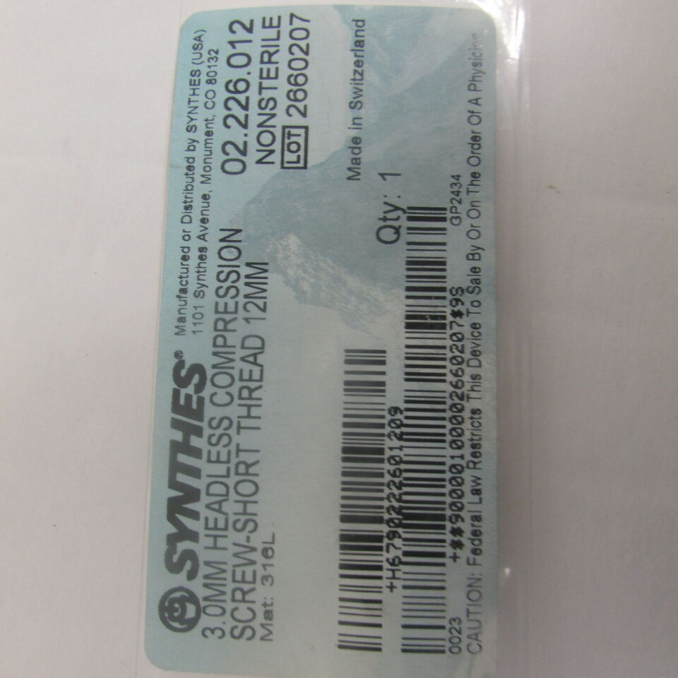 02.226.012 - SYNTHES - 3.0mm headless compression screwshort thread 12mm, () - ( Expiry Date: EACH )