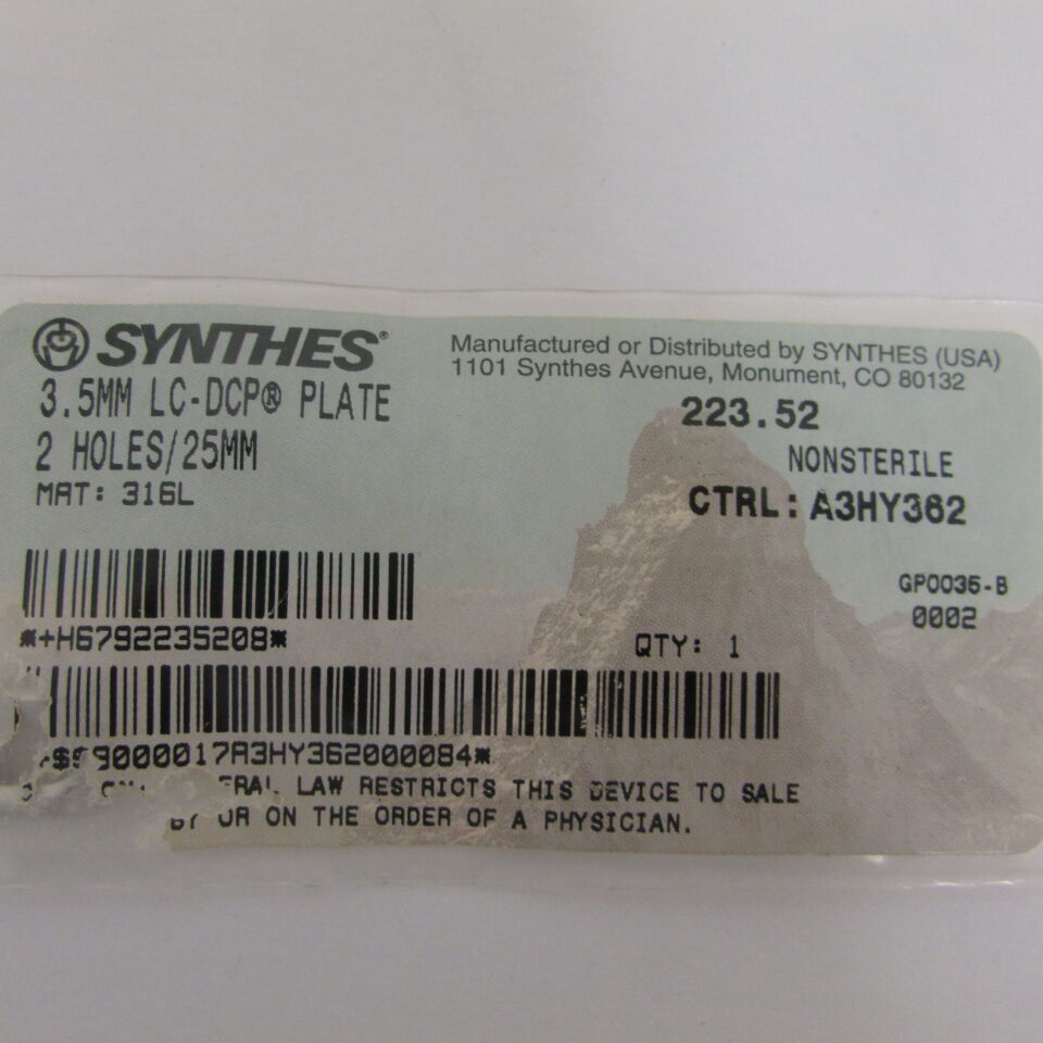 223.52 - SYNTHES - 3.5mm lc-dcp plate 2 holes/25mm, () - ( Expiry Date: EACH )