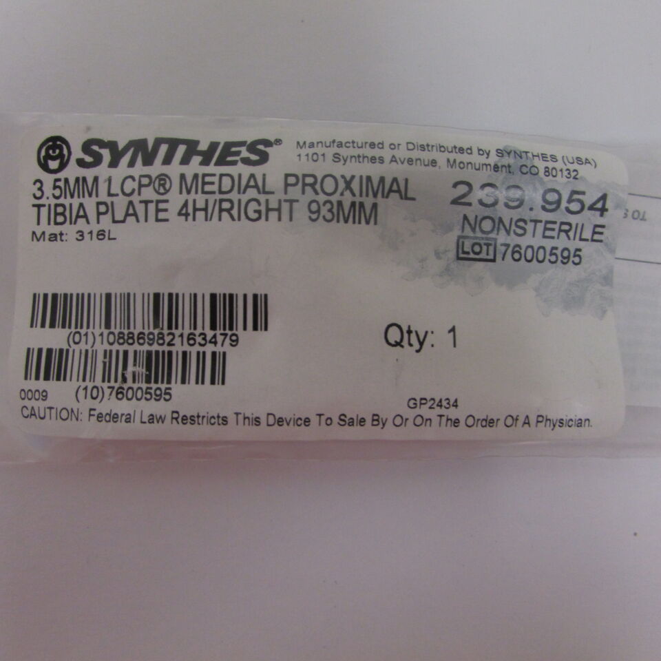 239.954 - SYNTHES - 3.5mm lcp medical proximal tibia plate 4holes/93mm, () - ( Expiry Date: EACH )
