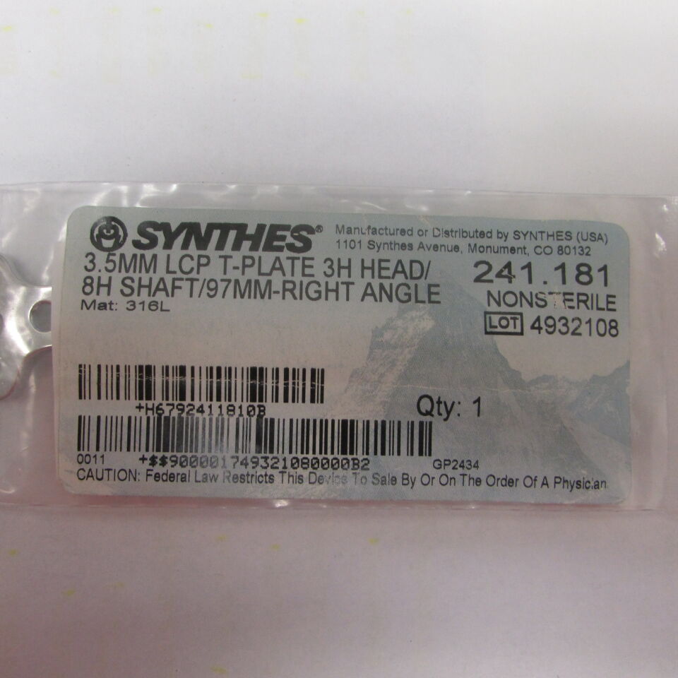 241.181 - SYNTHES - 3.5mm lcp tplate 3h head 8h shaft 97mm right, () - ( Expiry Date: EACH )