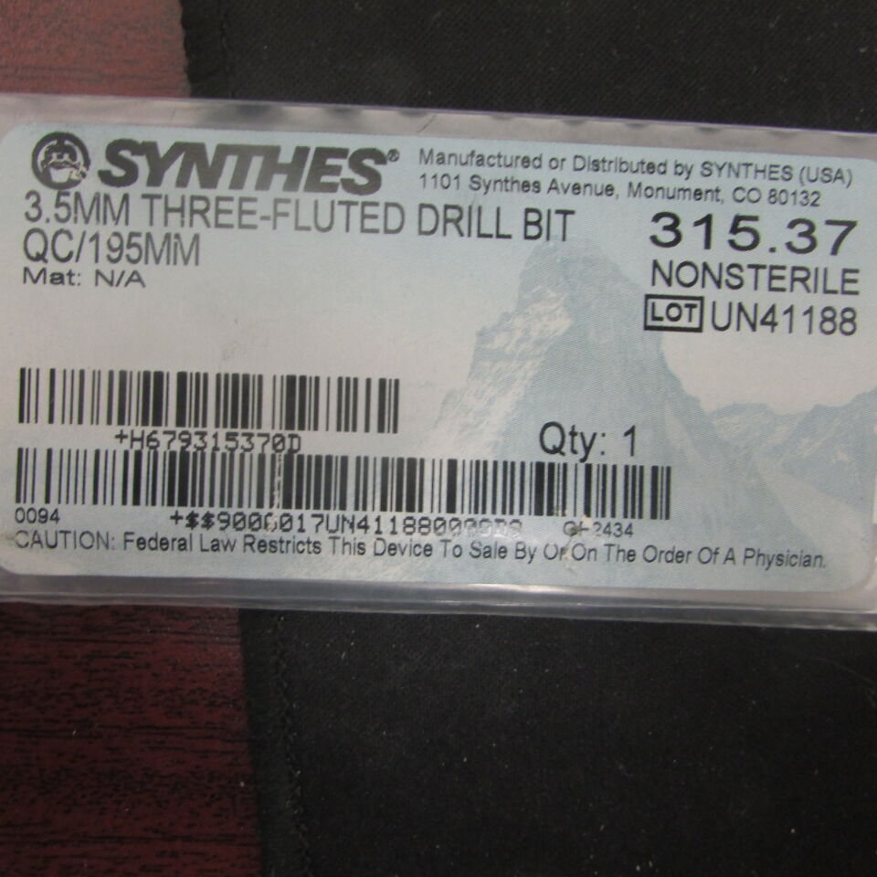315.37 - SYNTHES - 3.5mm three-fluted drill bit qc/195mm, () - ( Expiry Date: EACH )