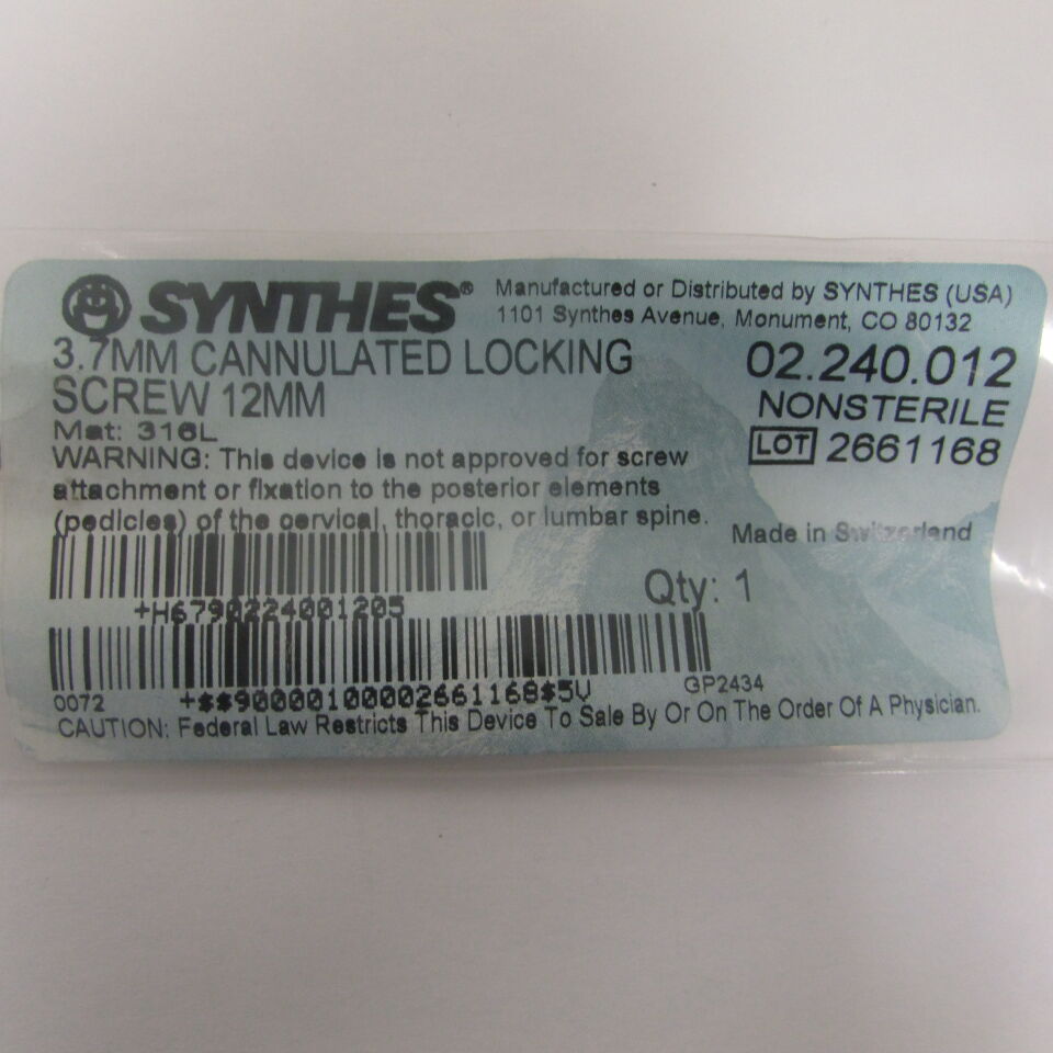 02.240.012 - SYNTHES - 3.7mm cannulated locking screw 12mm, () - ( Expiry Date: EACH )