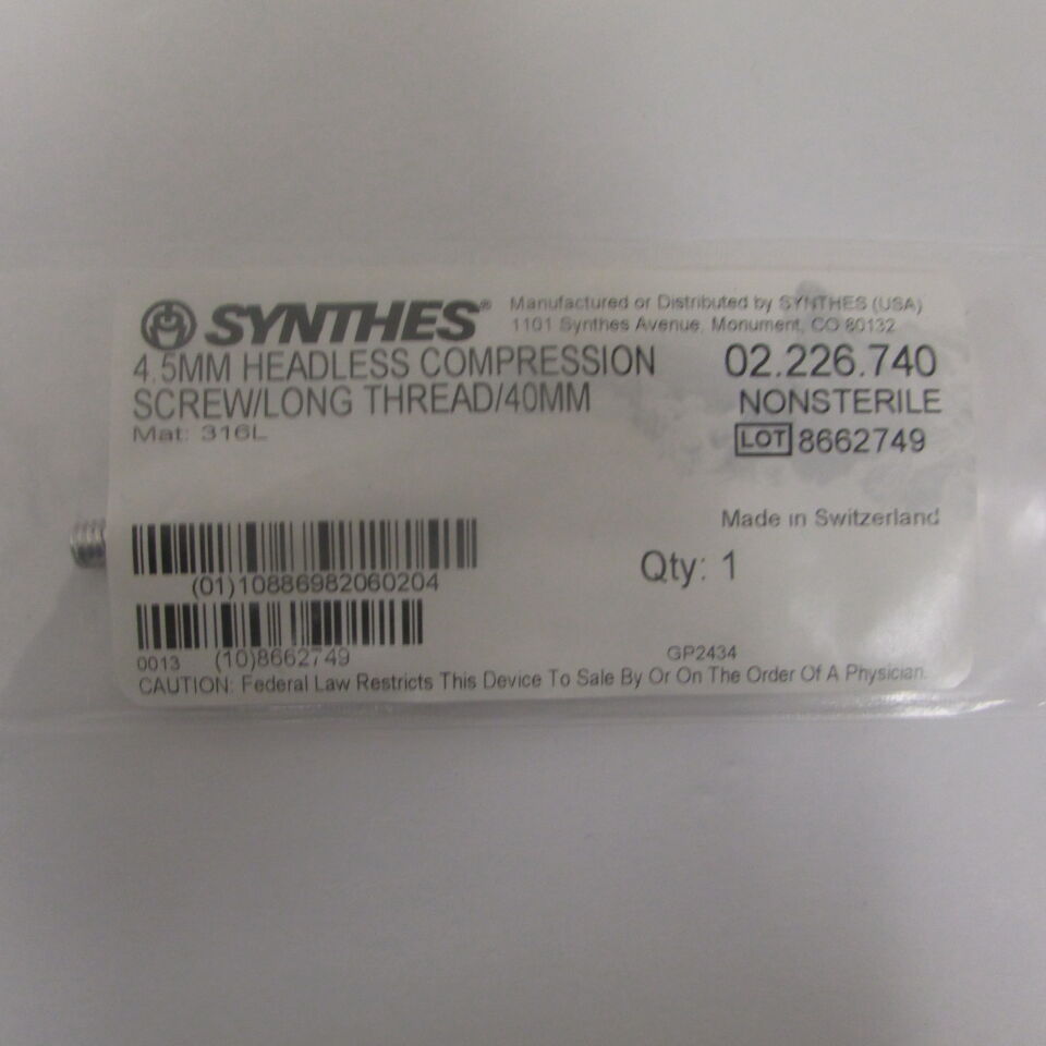 02.226.740 - SYNTHES - 4.5mm headless compression screw/long thread/40mm, () - ( Expiry Date: EACH )