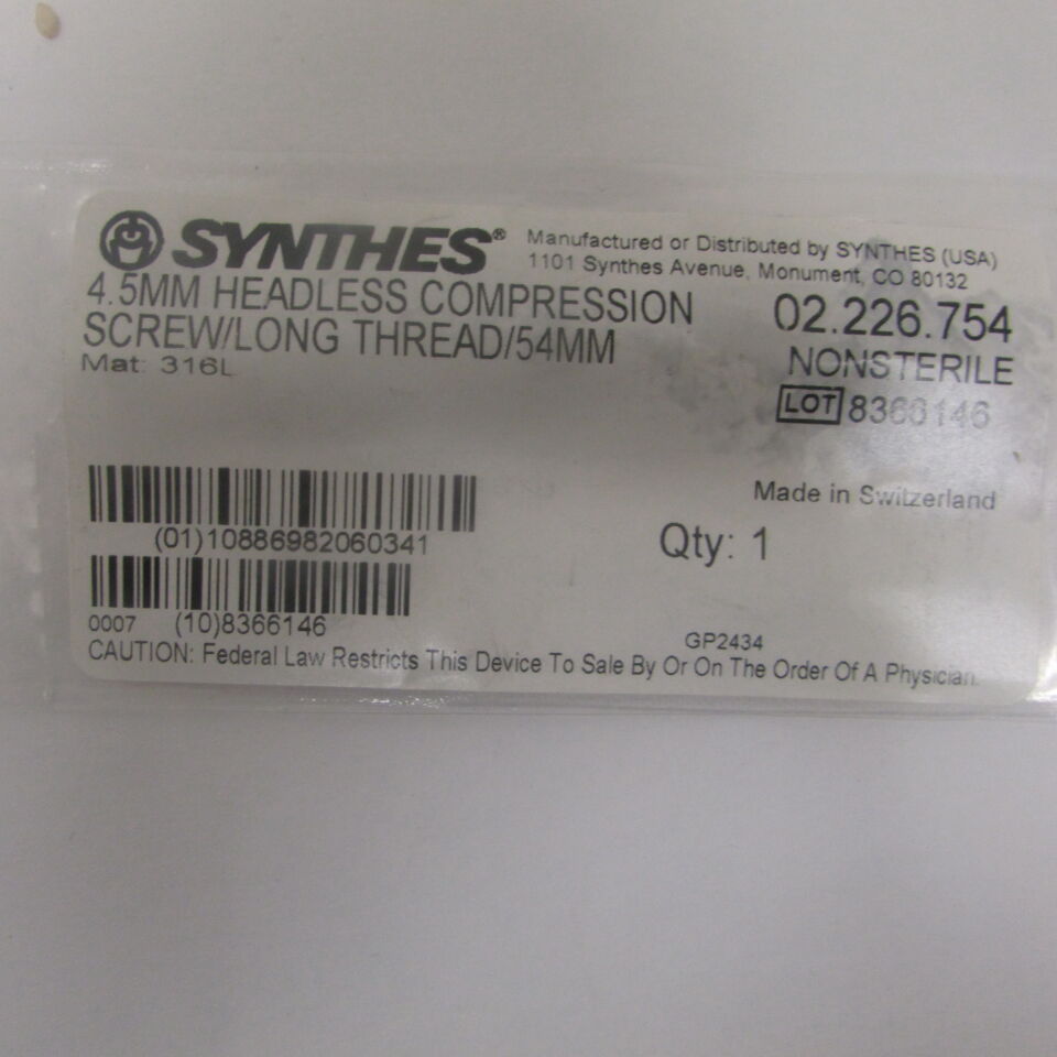 02.226.754 - SYNTHES - 4.5mm headless compression screw/long thread/54mm, () - ( Expiry Date: EACH )