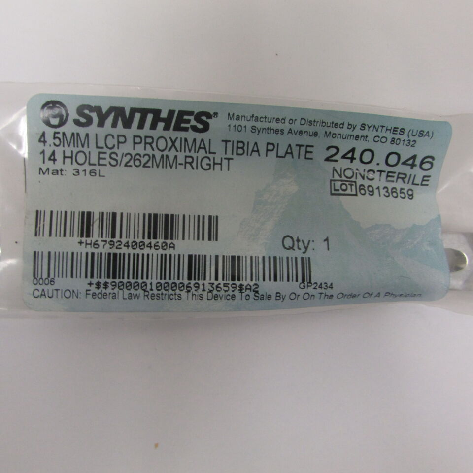 240.046 - SYNTHES - 4.5mm lcp proximial tibia plate 14 holes/262mm-right, () - ( Expiry Date: EACH )