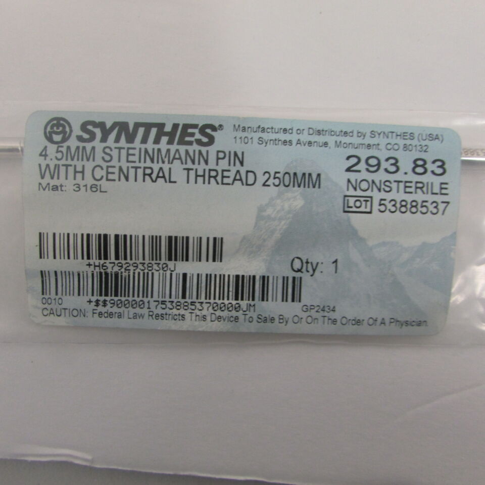 293.83 - SYNTHES - 4.5mm steinmann pin with central thread 250mm, () - ( Expiry Date: EACH )