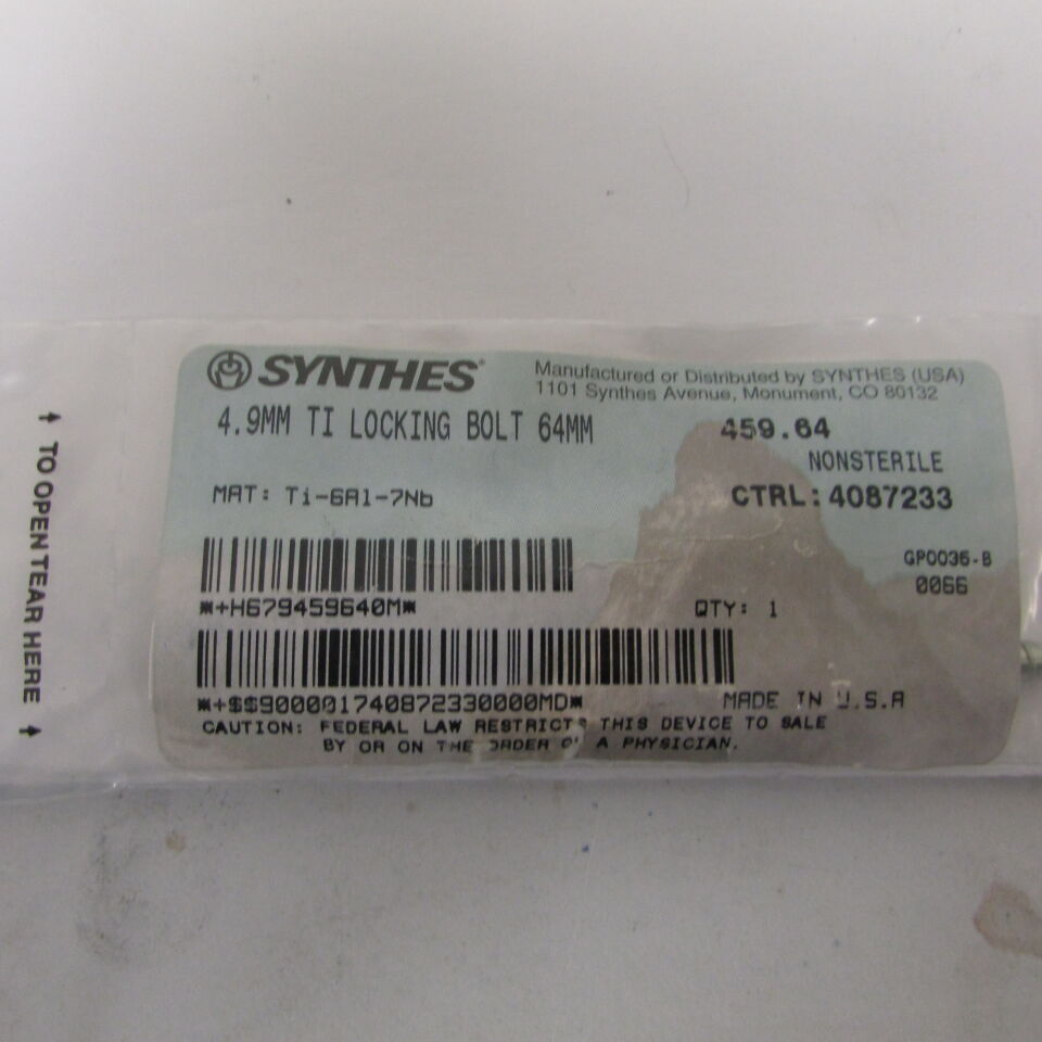 459.64 - SYNTHES - 4.9mm ti locking bolt 64mm, () - ( Expiry Date: EACH )