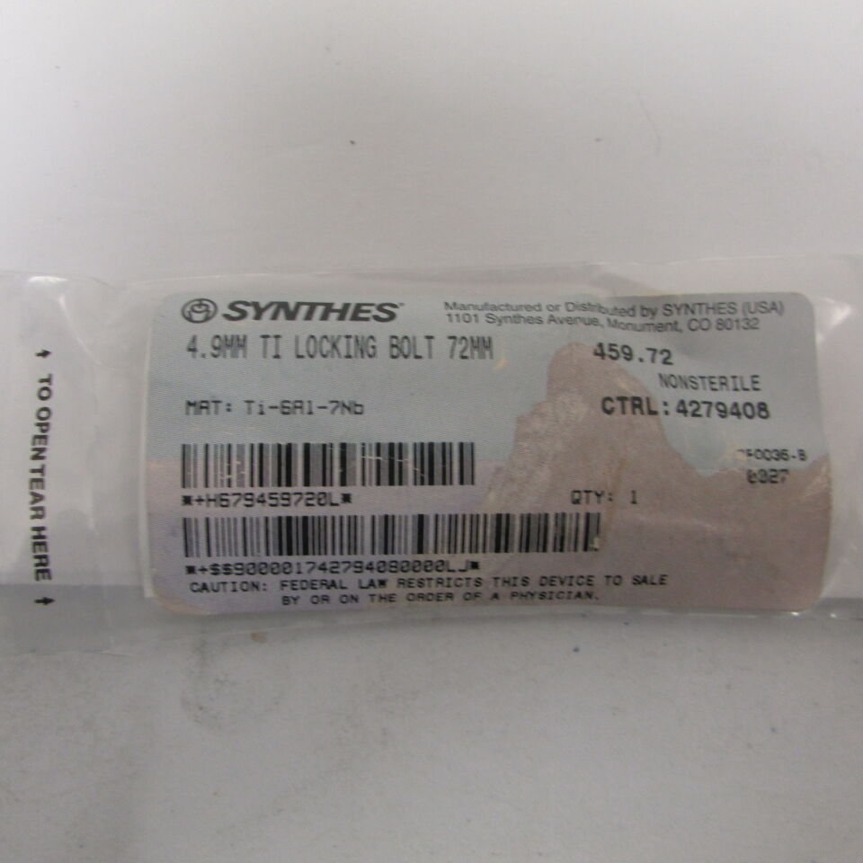 459.72 - SYNTHES - 4.9mm ti locking bolt 72mm, () - ( Expiry Date: EACH )