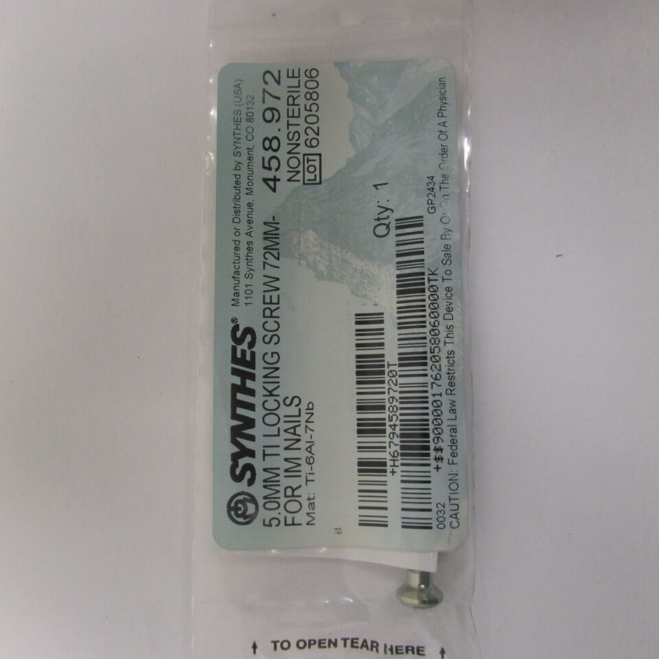 458.972 - SYNTHES - 5.0mm ti locking screw 72mm-for im nails, () - ( Expiry Date: EACH )