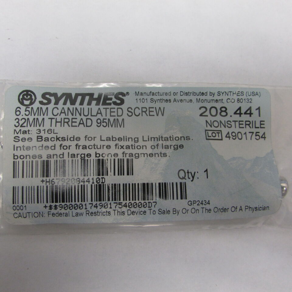 208.441 - SYNTHES - 6.5mm cannulated screw 32mm thread 95mm, () - ( Expiry Date: EACH )