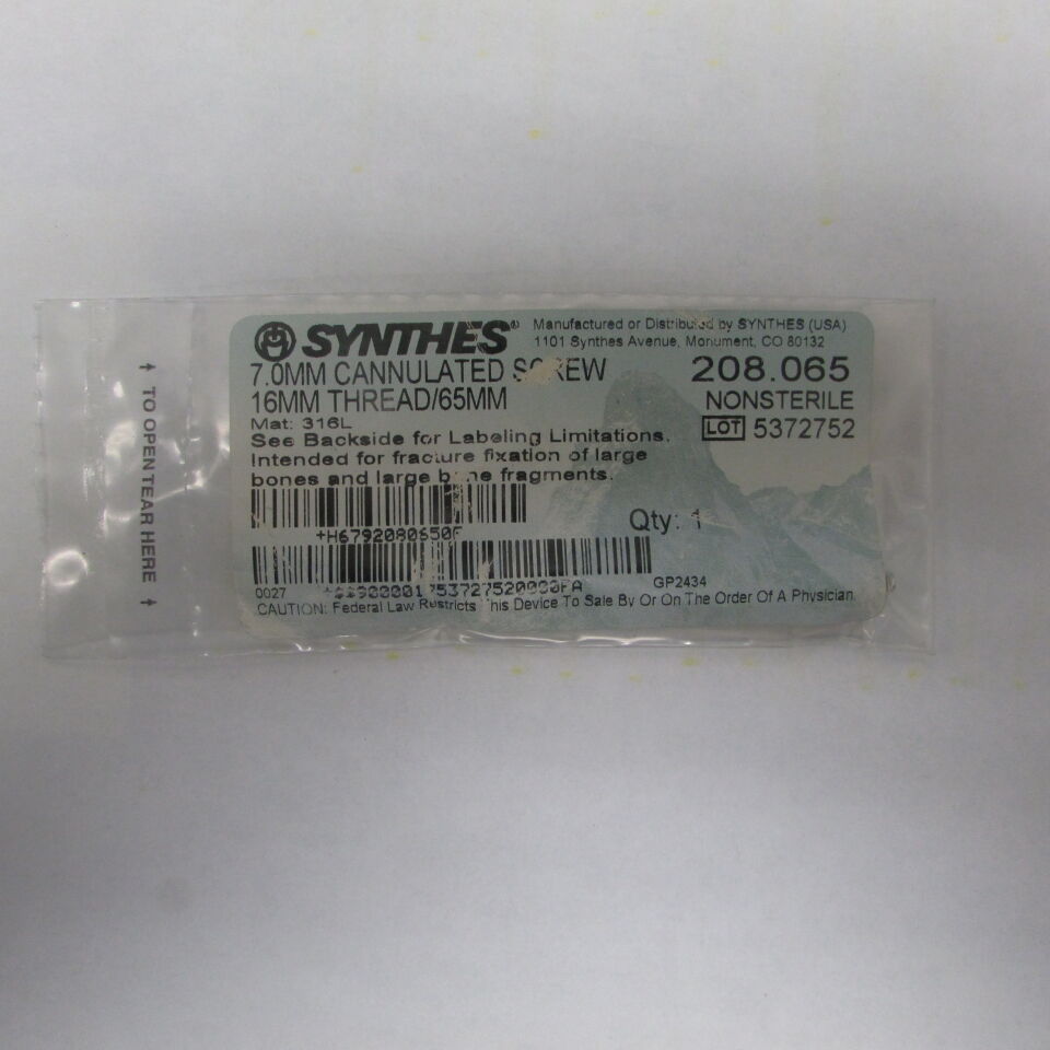 208.065 - SYNTHES - 7.0mm cannulated screw, 16mm thread, 65mm, () - ( Expiry Date: EACH )